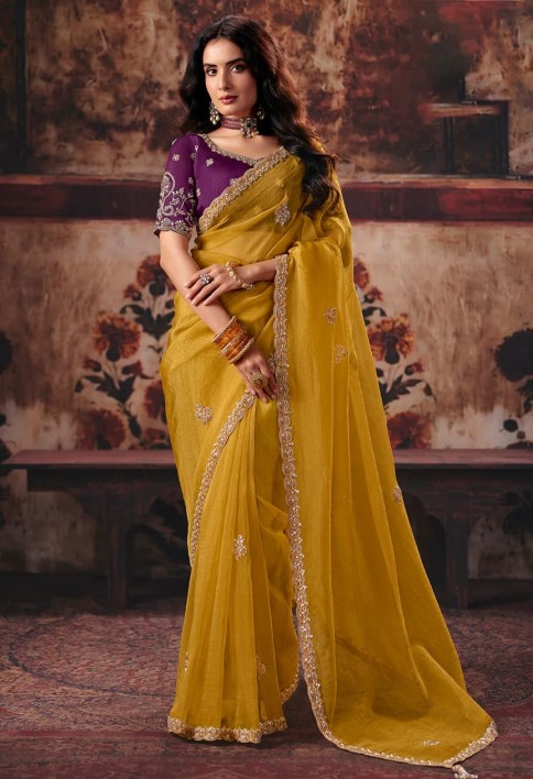Yellow & Purple Designer Style Festive Wear Saree